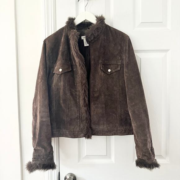 Coldwater Creek Chocolate Brown Suede Fur Trim Zip Trucker Jacket Y2K Vintage L - Picture 6 of 9